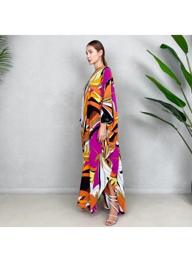 QABEELA RAM23 LOLA ORANGE 70S PRINT CREPE KAFTAN - Image 3